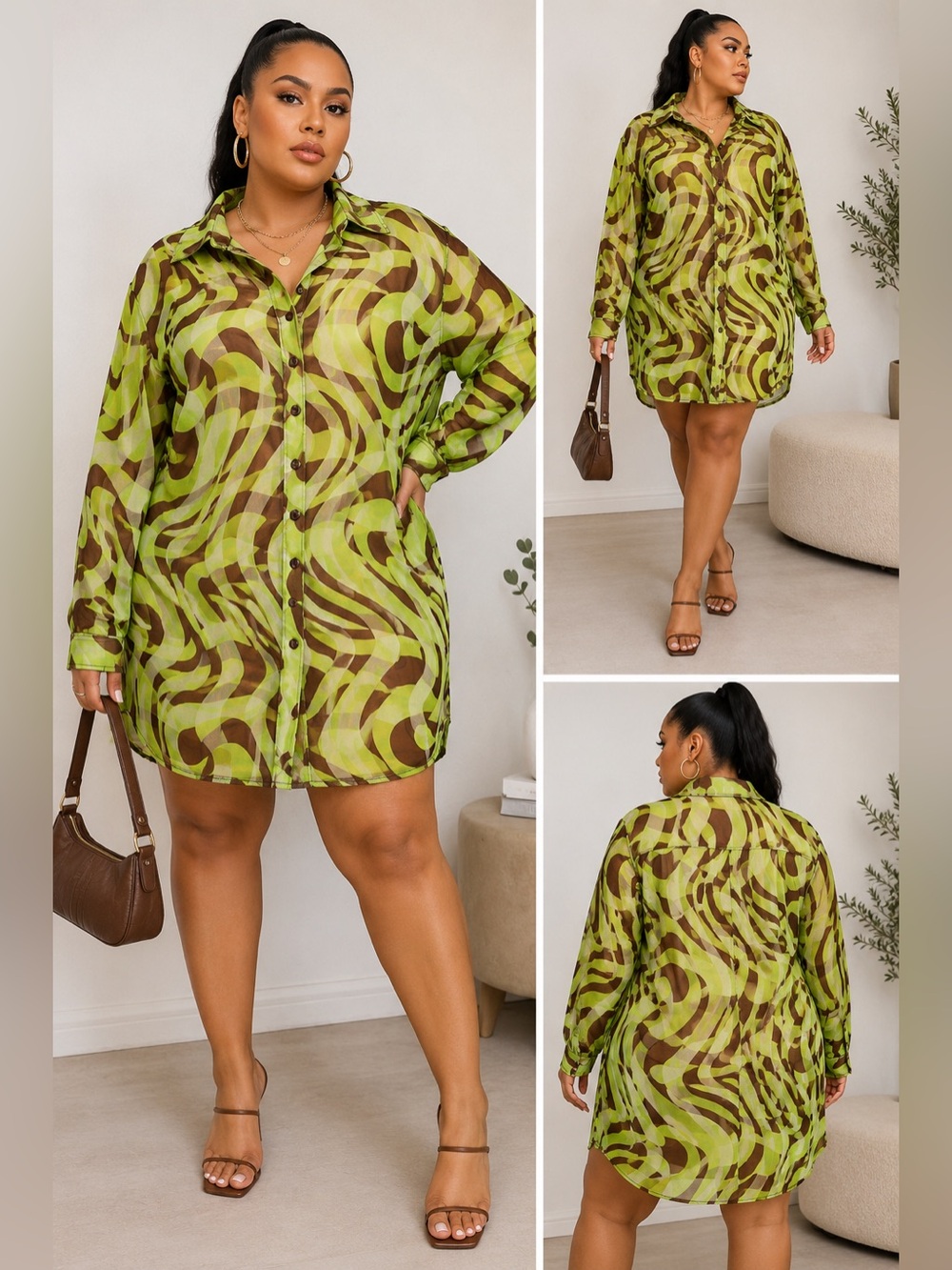 PrettyLittleThing Lime Green Abstract Print Button Front Shirt Dress Tunic